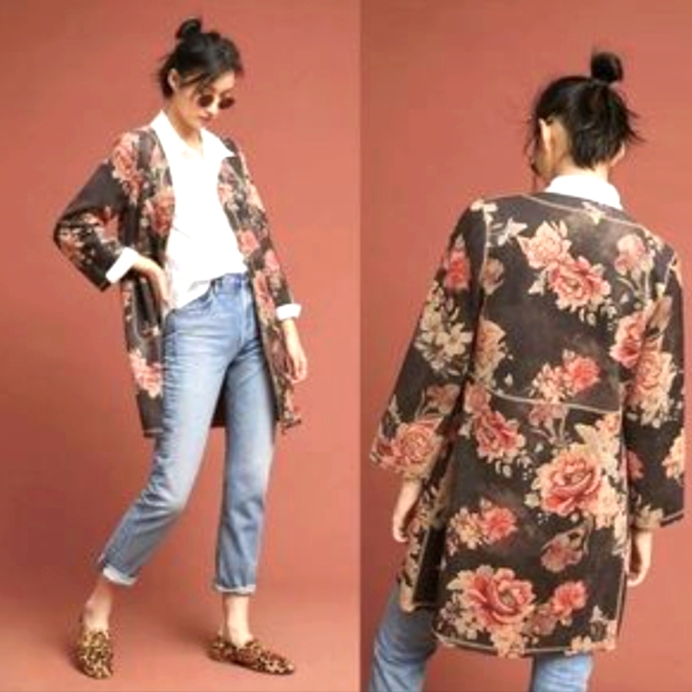 NWT Chelsea & Theodore Floral Faux Leather Kimono Style Jacket Women's S…